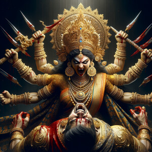 portrait of angry looking goddess durga  carrying a weak mahishasur in her two arms and stabbing him with her amazingly long red fingernails. She is wearing gold armor, a huge gold crown, gold saree, abundant  gold jewelry, covered in blood. The scene is set in ancient India. The image is 8K resolution, cinematic, ultra detailed face and epic.