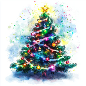 Design a digital watercolor illustration of a twinkling Christma...