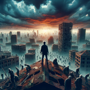 Zombie filled city with one man on a roof