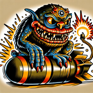 Wwii monster sitting on a bomb in an old school tattoo style