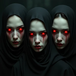Three ghostly women, red eyes, red tears, pale skin, dark backgr...