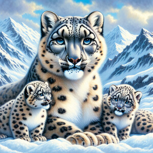 Show the image of a snow leopard with its cubs