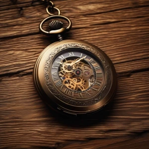 A bronze pocket watch with visible gears against a wooden table.