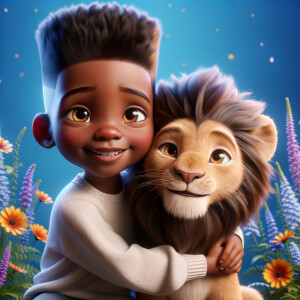 3D realistic style, an African-American little boy with fade top...