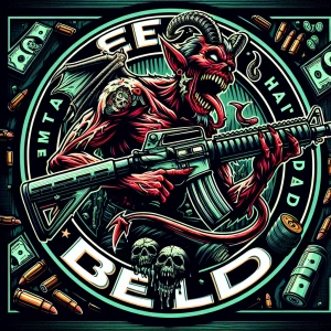 Create a professional, horror-themed circular brand logo featuri...