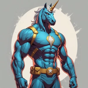 Design an illustration showcasing a full standing Unicorn Man, a powerful superhero with a muscular build and commanding presence. His distinctive, eye-catching costume should include a prominent unicorn emblem. On his helmet, incorporate a striking unicorn horn that signifies his extraordinary abilities.