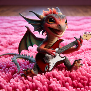 A baby dragon playing the electric guitar on a pink shag carpet.