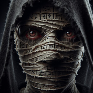 Create a hyperrealistic and cinematic close-up image of a mummy-...