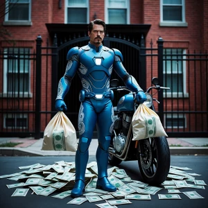 Iron Man, clad in a all blue armor suit adorned with a paisley pattern, stands confidently with a bag of money in each hand, surrounded by scattered dollar bills at his feet. He is leaning casually on a motorcycle. Behind him, there's a red brick apartment complex, secured by an elegant black wrought iron gate.