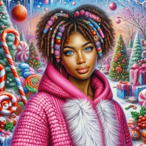 vibrant winter scene featuring a stylish young Afro Latina woman...