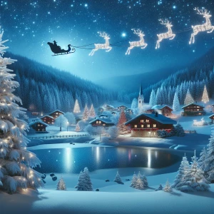 Create an image of a magical winter scene featuring a quaint vil...