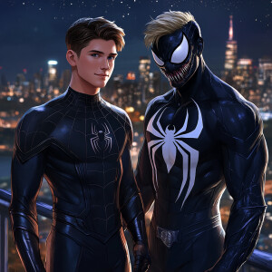 Two handsome men standing next to each other under a starry New...