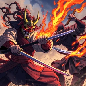 A battle since with a samurai with a Chinese devil mask on in wi...