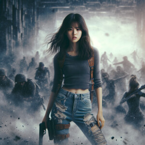 Skinny and thin Asian teen girl wearing skin tight jeans that are worn and frayed, long hair and bangs heroic ready to fight stance