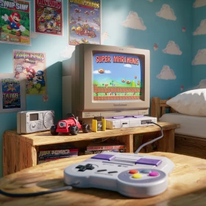 A cozy nostalgic 1990s kid's bedroom setup with light blue walls...