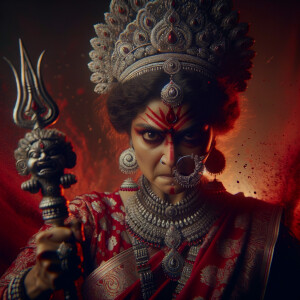 portrait of angry looking goddess durga cosplayer  carrying a short mahishasur in her two arms and stabbing him with her amazingly designed trident. She is wearing a huge silver crown, red saree, abundant silver jewelry, covered in blood. The scene is set in ancient India. The image is 8K resolution, cinematic, ultra detailed face and epic.