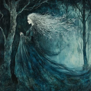 A melancholic yet enchanting figure, a spectral maiden with shim...