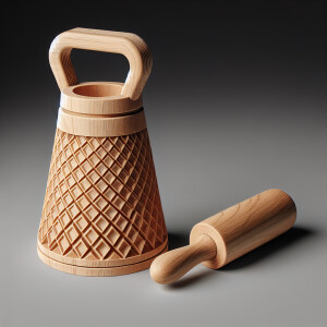 Create an image that shows a conical wooden utensil with a handl...
