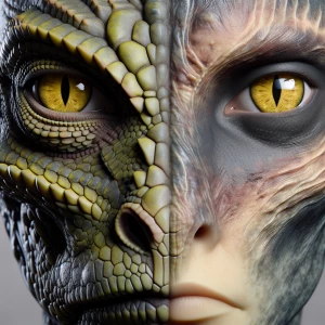 Create a close-up image of a half alien face morphing into half lizard face, blending seamlessly at the nose. Both have yellowish eyes.