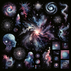 A black background with watercolor designs scattered around, sca...