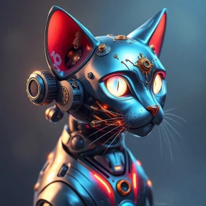 A shimmering cybernetic feline, this digital pet exudes the esse...