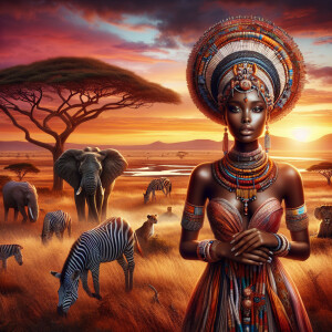 Envision a magnificent African savannah at the golden hour of su...