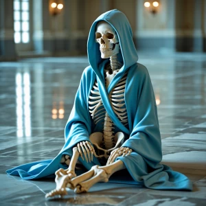 Female skeleton wearing a soft blue hooded robe, sitting on the...