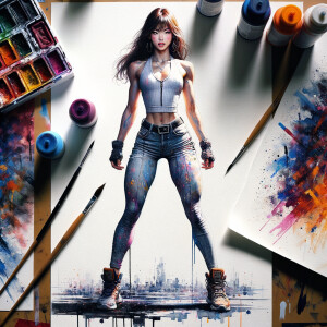 Athletic Thin skinny Attractive, Asian teenage girl, long brown hair and bangs, wearing tight skinny jeans and a halter top paint marks on her clothing, heroic pose Asian graffiti background, side view