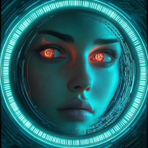 A straight-on, eye-level realistic digital portrait of a woman’s...