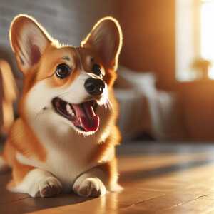 Create a realistic image of a pembroke corgi looking towards the...