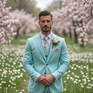 photography, look to the front, a groom in a pastel blue or mint...