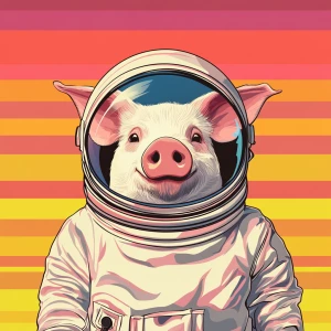 Cute cartoon pig in vintage white spacesuit and NASA style helme...