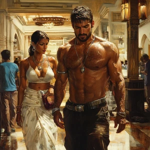 Realism art style.A sweaty  man walking with his mother in law n...