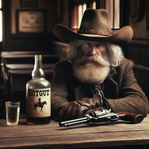 An old prospector, grizzly, long beard wide brim, cowboy hat, si...