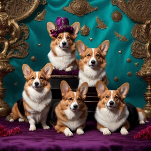 "A cover page for Lucky Rowel Corgis, featuring a majestic pack...