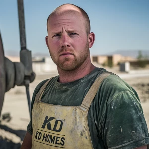 Brian Nobles a real 28 year old Caucasian male who is using  a concrete mixer, he is a  pump operator holding the hose which carries the liquid concrete to the foundation pour, Brian is slowly  beginning his transition into adult maturity , Brian Nobles is beginning to look like a grown man, he has large reflective blue eyes and a wrinkled brow,Brian is now balding , prominent large protruding round fat obese belly,,thick greying goatee beard, healthy muscle mass ,very noticeable male pattern balding hairline, Brian Nobles now has a  prominent receding and thinning male hairline (onset male pattern baldness), slightly fat overweight(Caucasian)wearing tight body conforming  glossy satin shiny green and gold tight fitting body conforming UnderArmour athletic bodysuit,emblazoned with the "KD HOMES" real estate logo, standing confidently in front of a newly completed constructed new KD HOME in Victorville California in a raw desert landscape. Brian has a protruding fat obese muscular physique, large male bulge, fat obese muscular frame , shows a substantial frame with a noticeable mature hairline and expressive eyes. His workman’s  pose should reflect his experience in his trade.