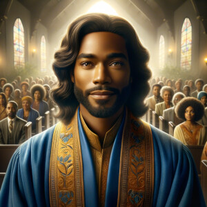 Illustrate an inspiring African-American Jesus crust with a dign...