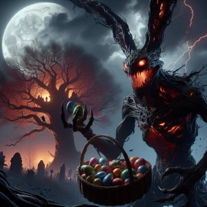 Epic cinematic shot of a terrifying Easter entity. A rabbit-like...