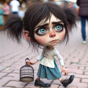 Textured, airbrushed image, of a small thin girl walks in a mark...