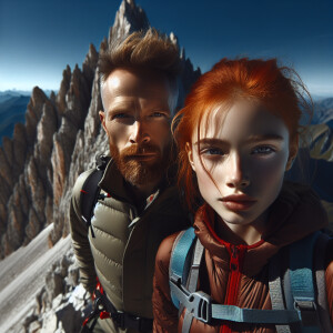 Rusty girl and bald man climb on high mountains