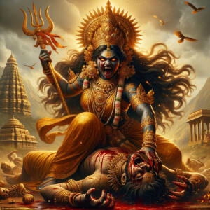 portrait of angry looking, indian goddess trampling a defeated m...