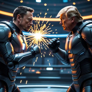 Epic battle between Elon Musk and Donald Trump in a futuristic a...