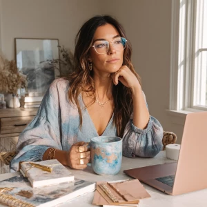 Female entrepreneur at her chic home office desk, 11oz ceramic m...