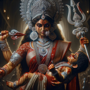 portrait of angry looking goddess durga  carrying a weak mahishasur in her two arms and stabbing him with her amazingly designed trident. She is wearing a huge silver crown, red saree, abundant silver jewelry, covered in blood. The scene is set in ancient India. The image is 8K resolution, cinematic, ultra detailed face and epic.