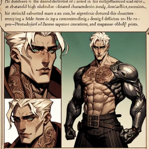 Strong man, athletic body, white hair, scar on nose, demonic tat...