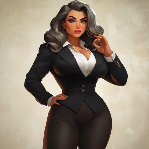 Craft an image of a sophisticated, curvy woman with sculpted, to...