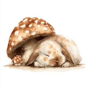 Fluffy rabbit sleeping peacefully, large spotted mushroom shelte...