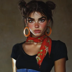 a girl with brown hair, thick eyebrows, pumped up lips, a potato...