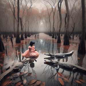 a young child in close proximity to three alligators in a swampy...