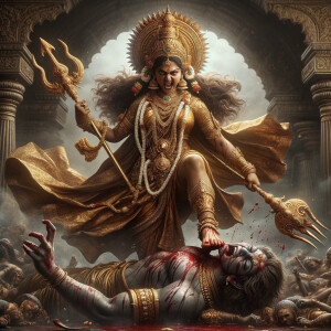 portrait of angry looking, indian goddess trampling a defeated m...